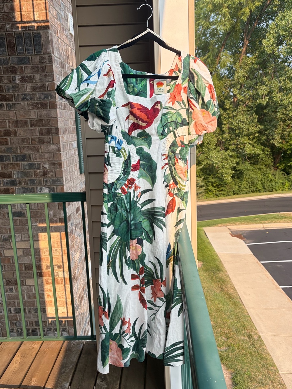 🆕🌿🦜FARM Rio OffWhite Midnight Macaw Fiesta Linen Puff Sleeve Midi Dress XS Party - Picture 4 of 17